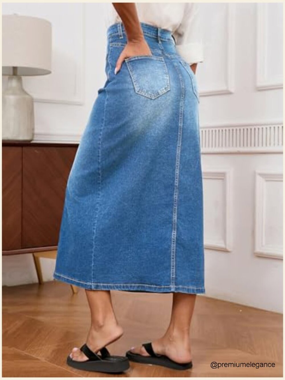 High Waist Stretch Midi Denim Jean Skirt with Pockets - Picture 4 of 5